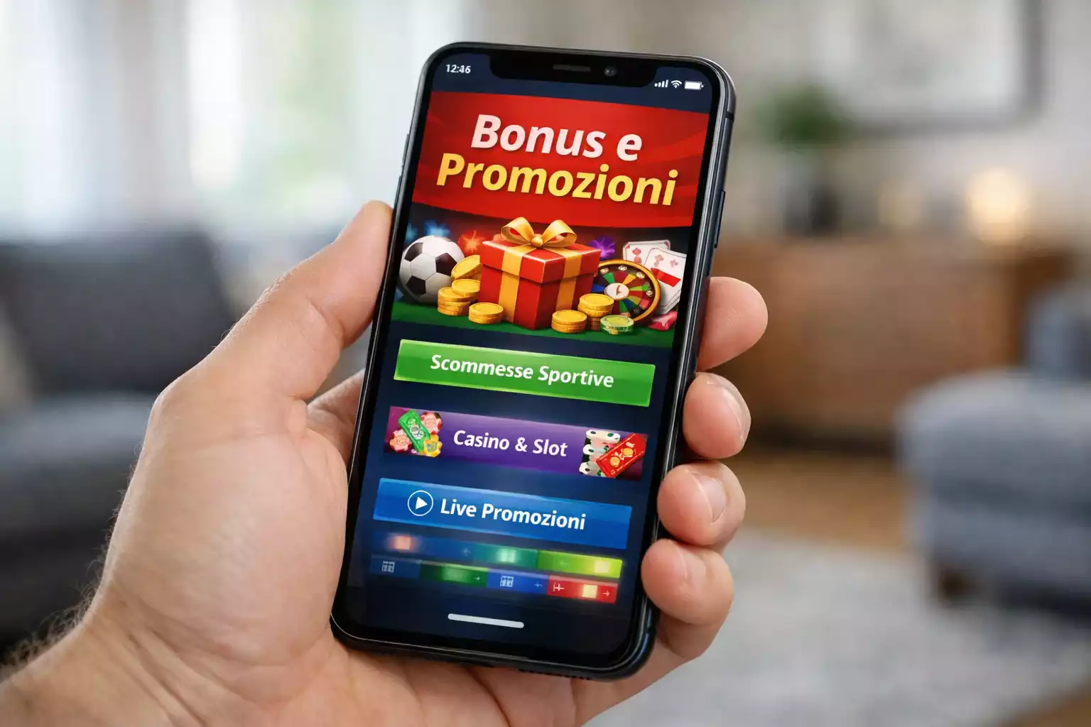 Mano che tiene smartphone con app di scommesse sportive aperta