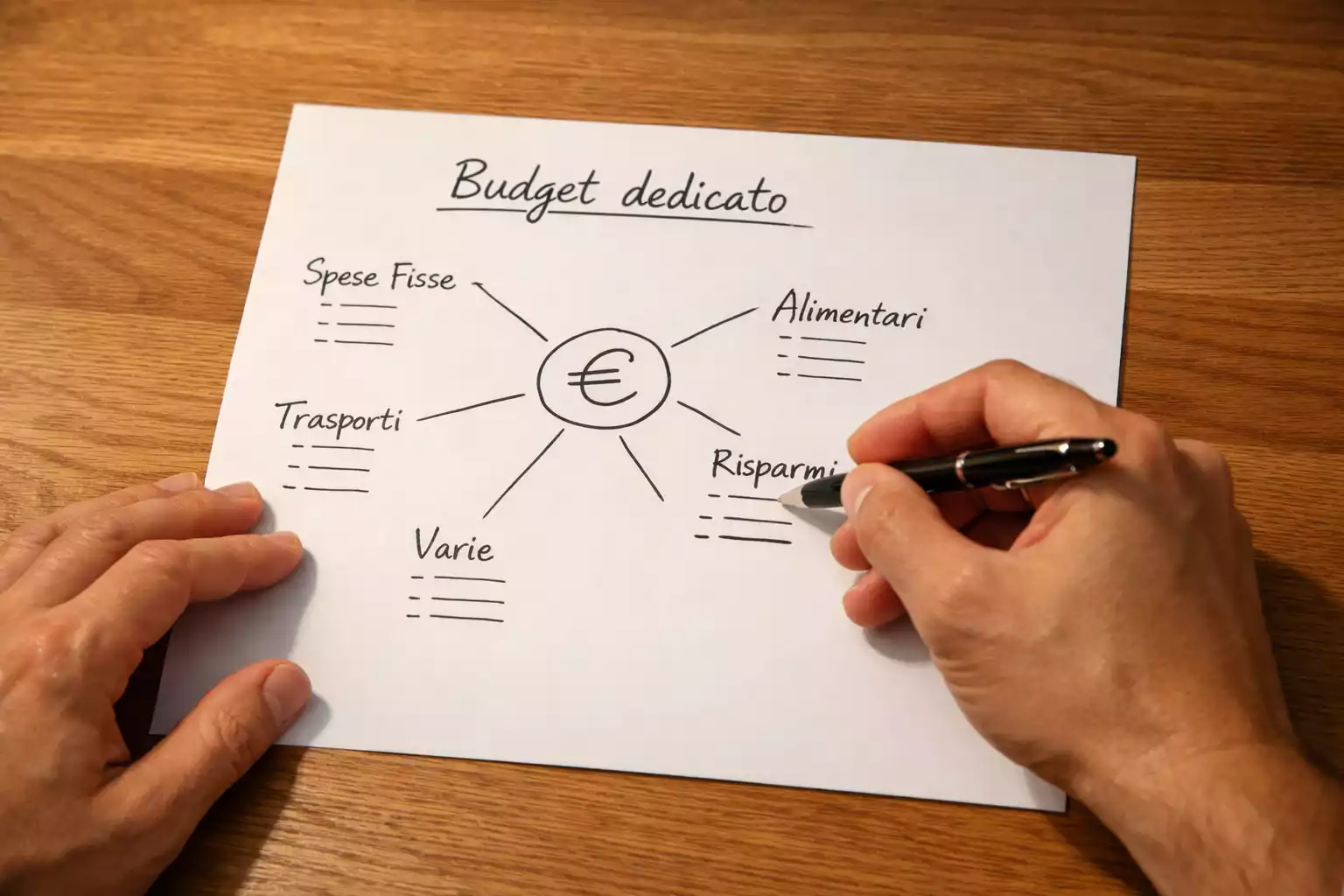 Persona che pianifica budget su foglio di carta con simboli di valuta