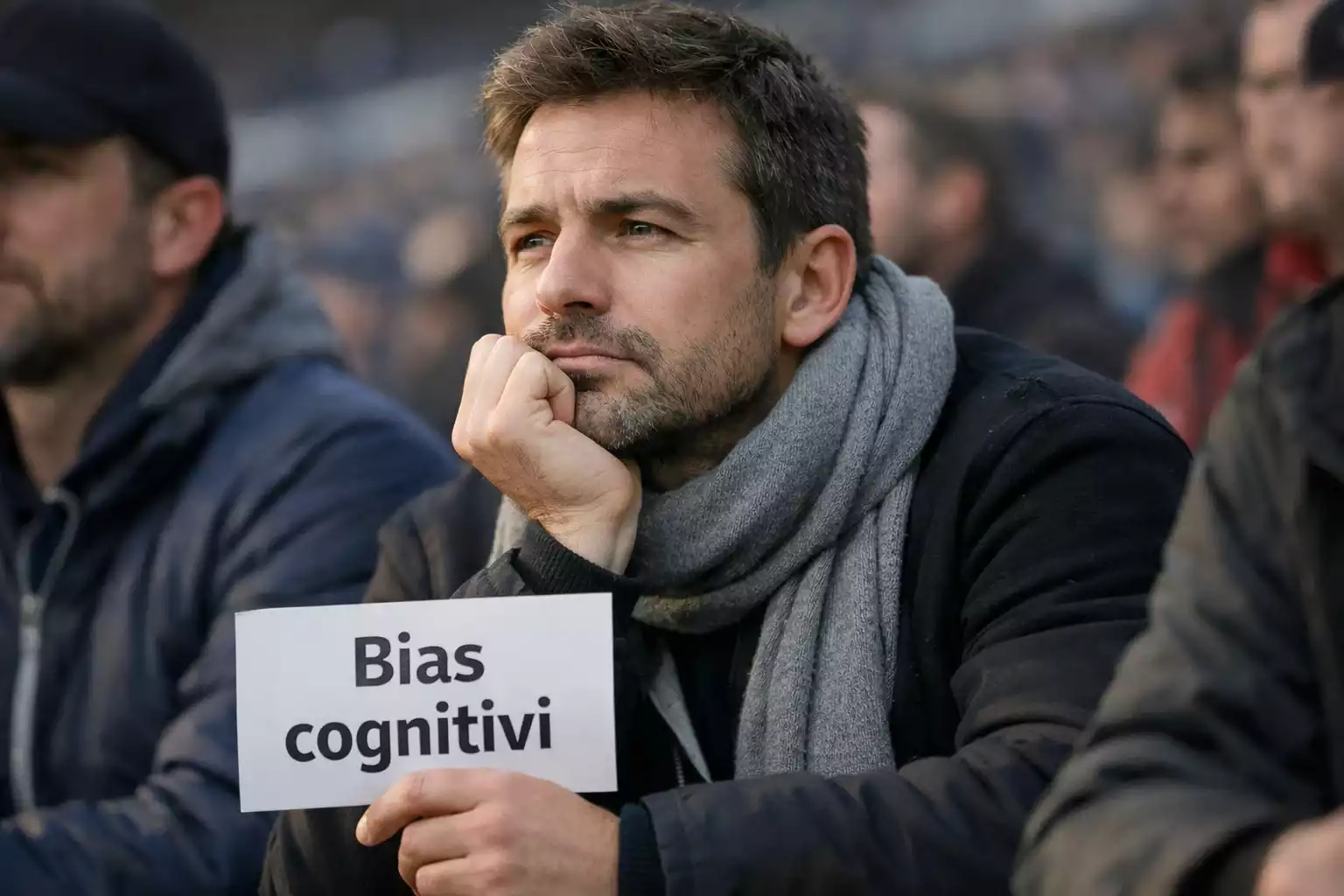 Tifoso pensieroso che riflette durante una partita di Serie A allo stadio