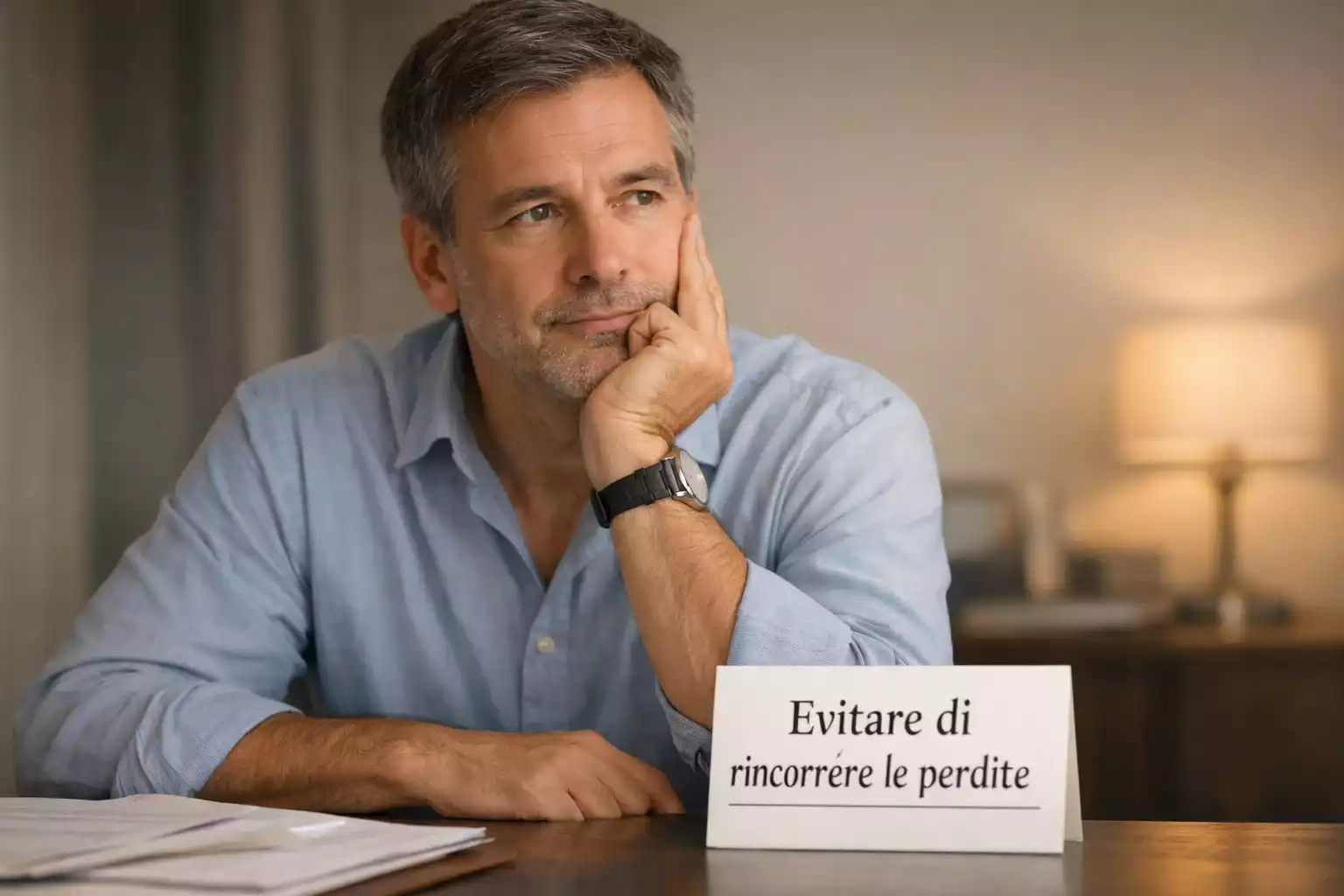 Persona pensierosa con mano sul mento che riflette davanti a documenti