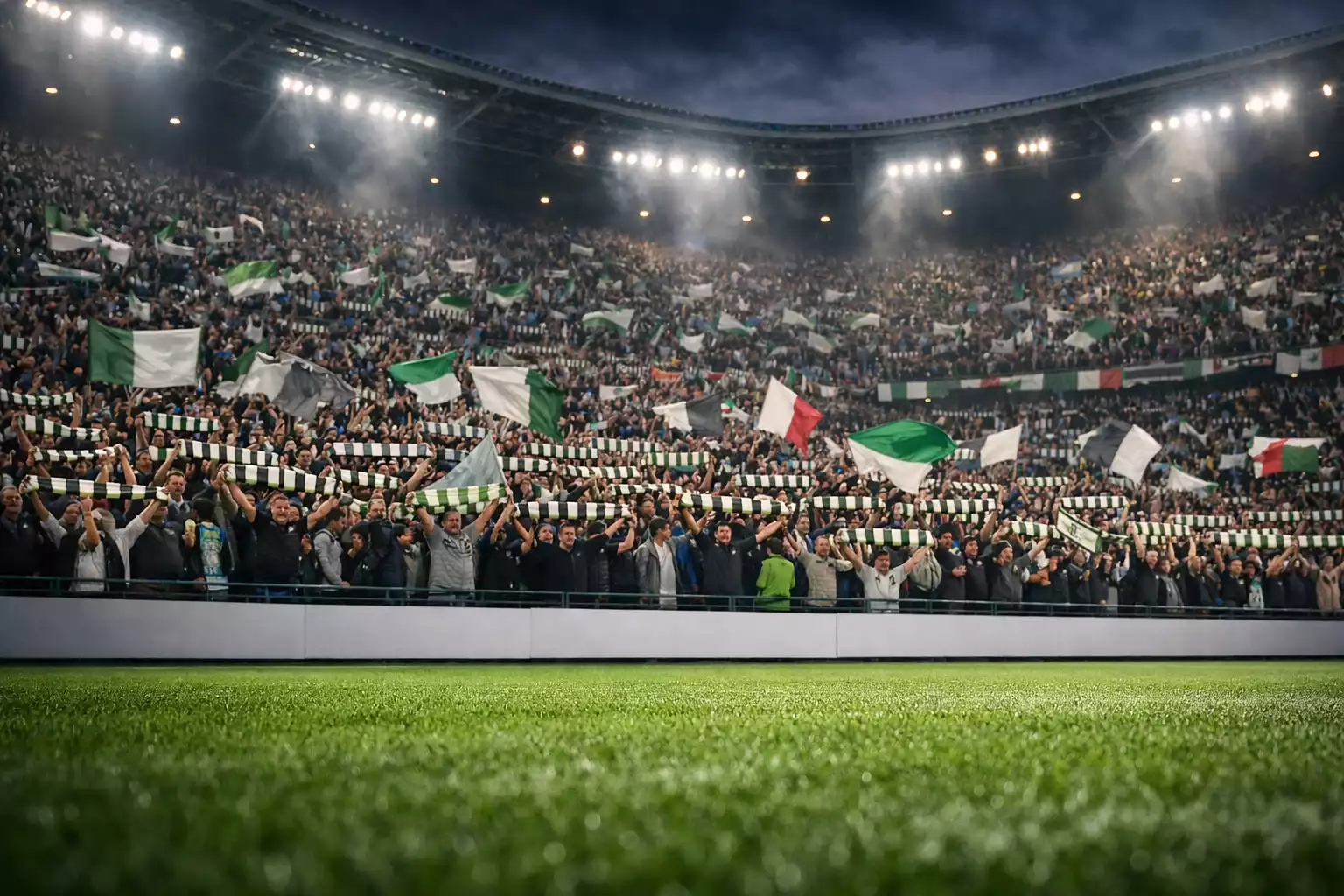 Stadio di calcio italiano pieno di tifosi con bandiere della squadra di casa