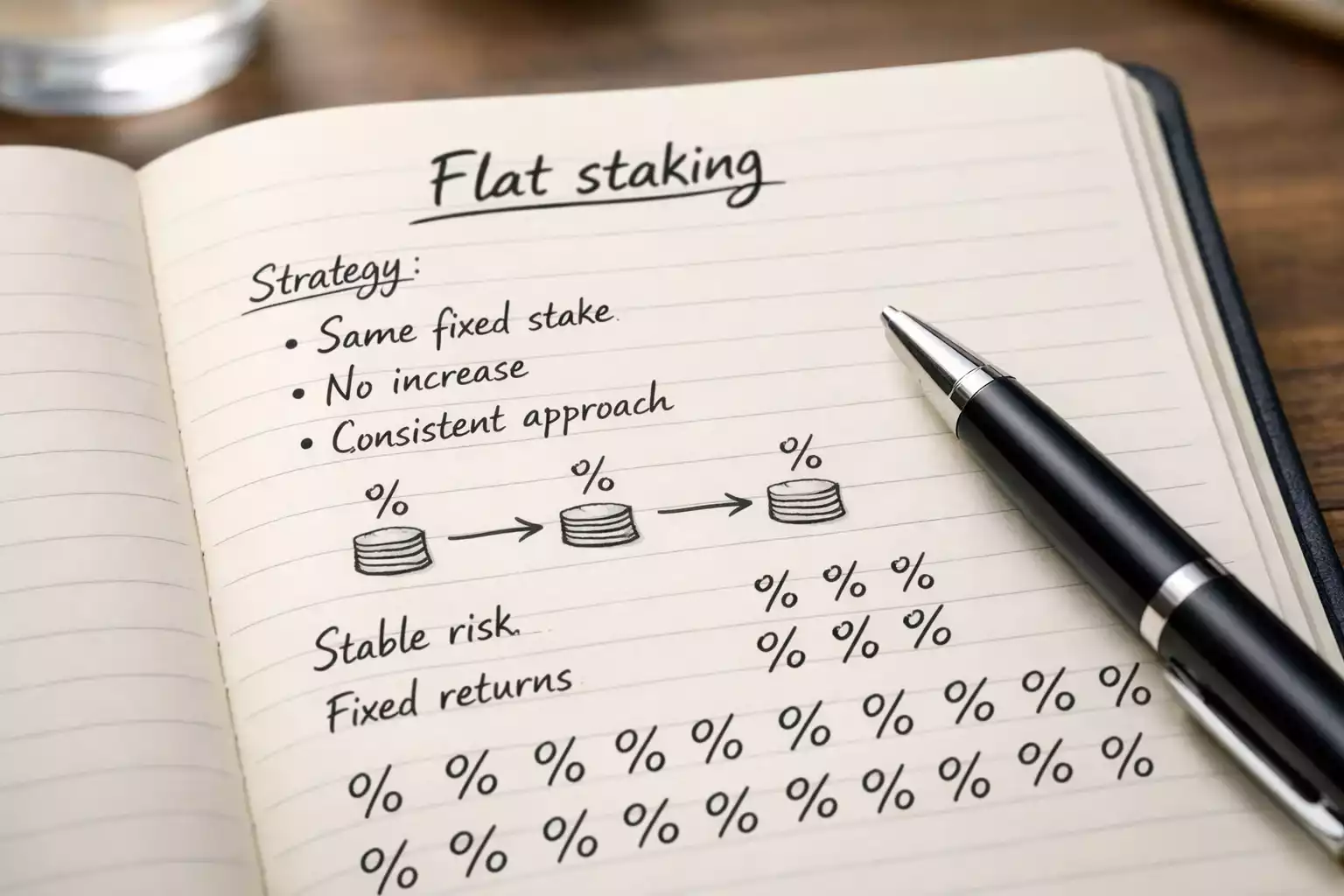 Blocco note con appunti e percentuali scritte a mano per strategia scommesse