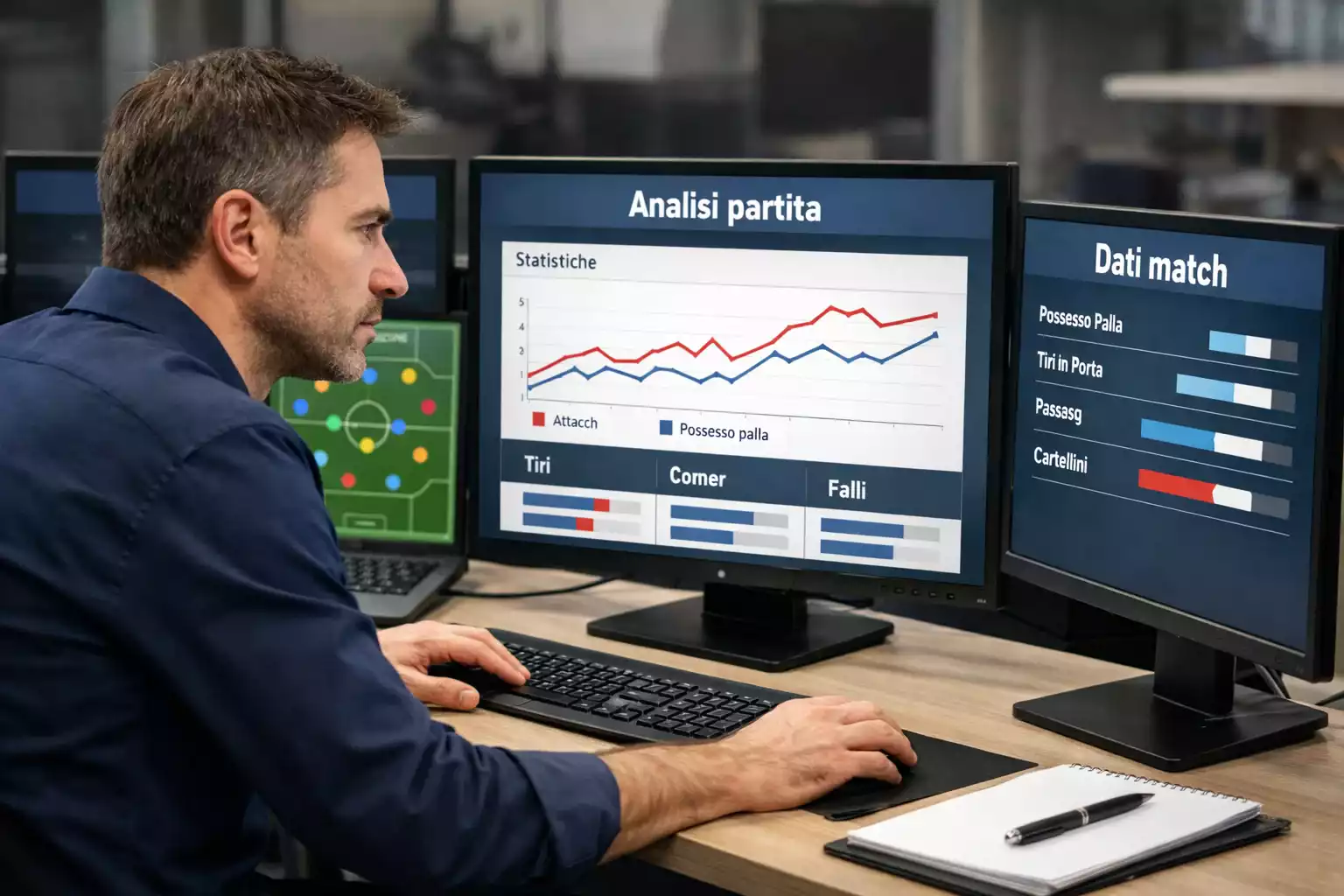 Analista sportivo che studia statistiche di calcio su monitor multipli