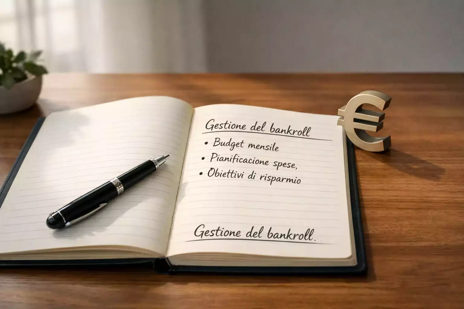 Scrivania organizzata con notebook, penna e simbolo euro per gestione budget