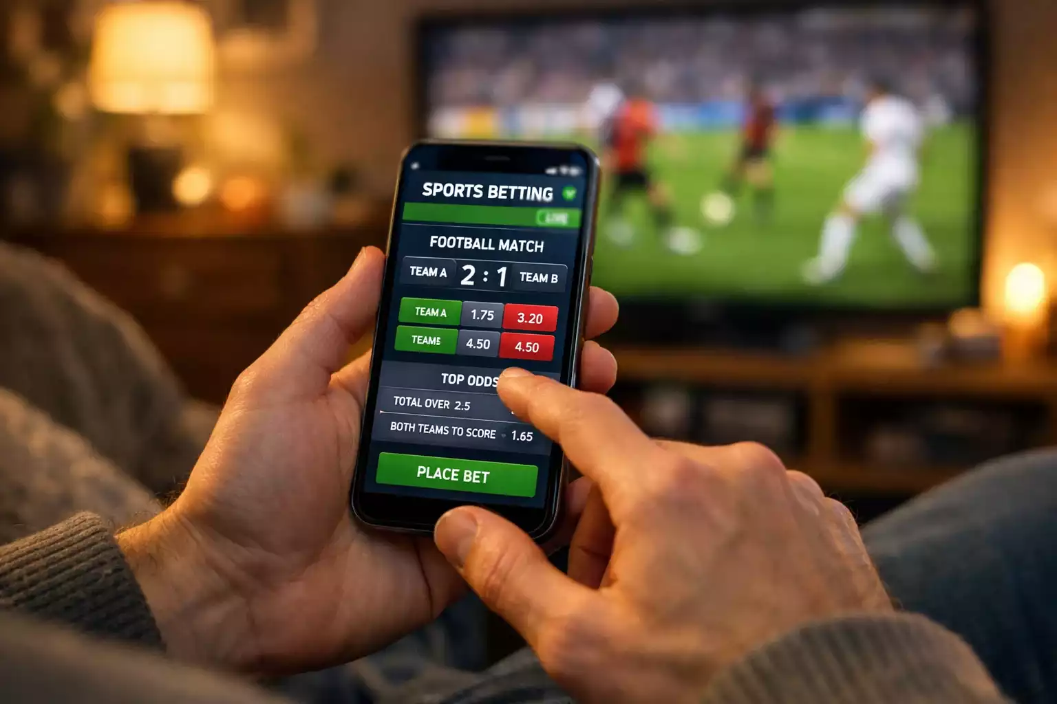 Persona che utilizza smartphone per scommesse sportive con partita di calcio sullo sfondo