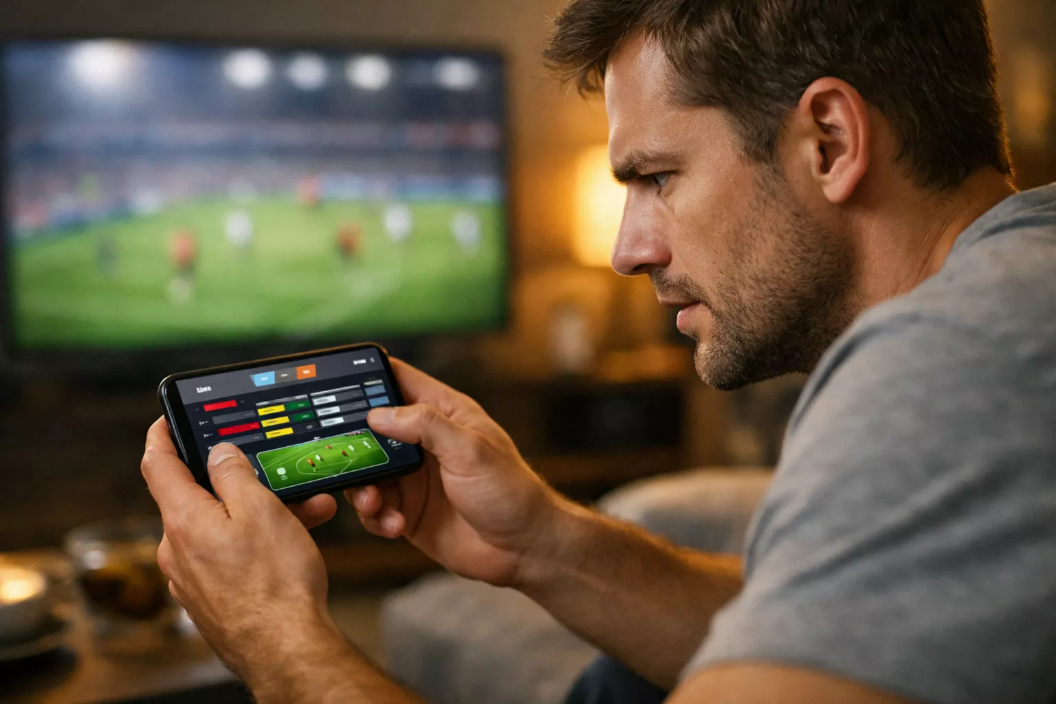 Persona che segue partita di calcio in diretta su smartphone con quote live