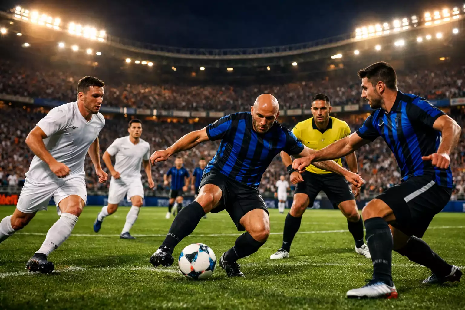 Stadio di calcio Serie A durante una partita notturna con tifosi sugli spalti