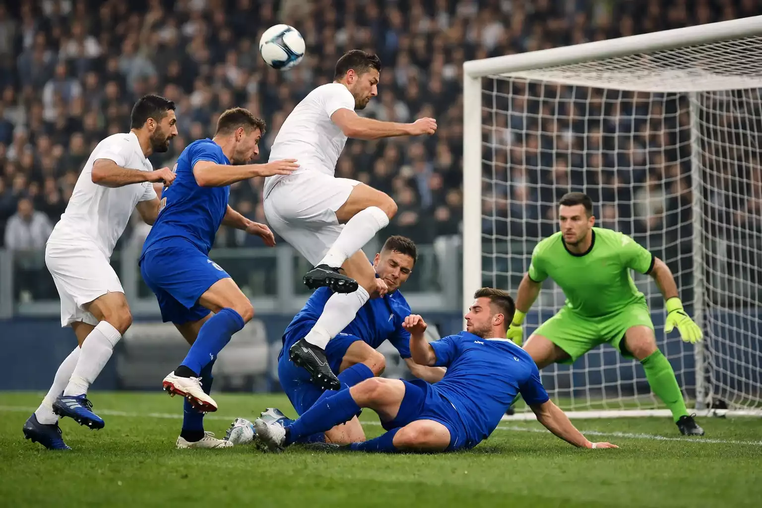Partita di Serie A in corso con azione di gioco vicino alla porta