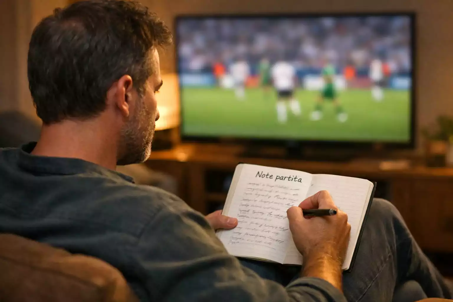 Persona che prende appunti mentre guarda partita di calcio in televisione