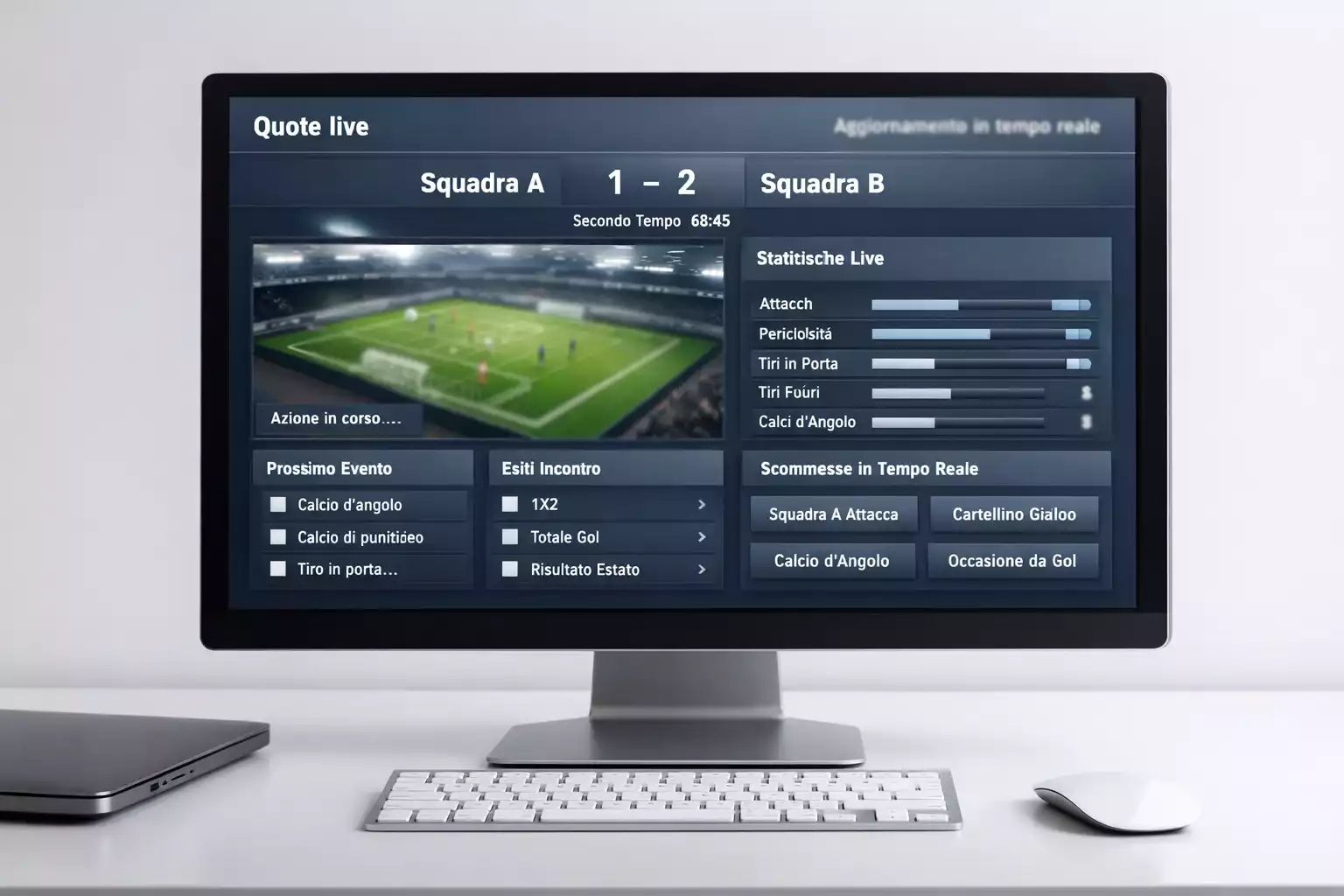 Schermo con quote che si aggiornano in tempo reale durante partita di calcio