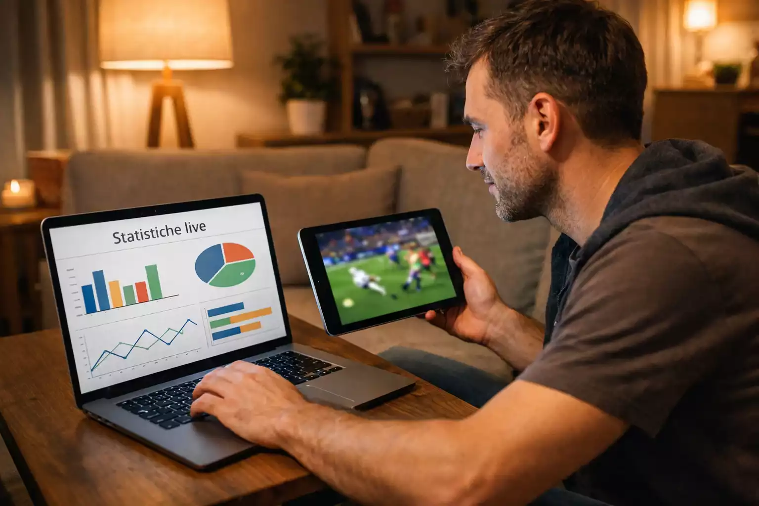 Persona che guarda partita di calcio su tablet mentre consulta statistiche