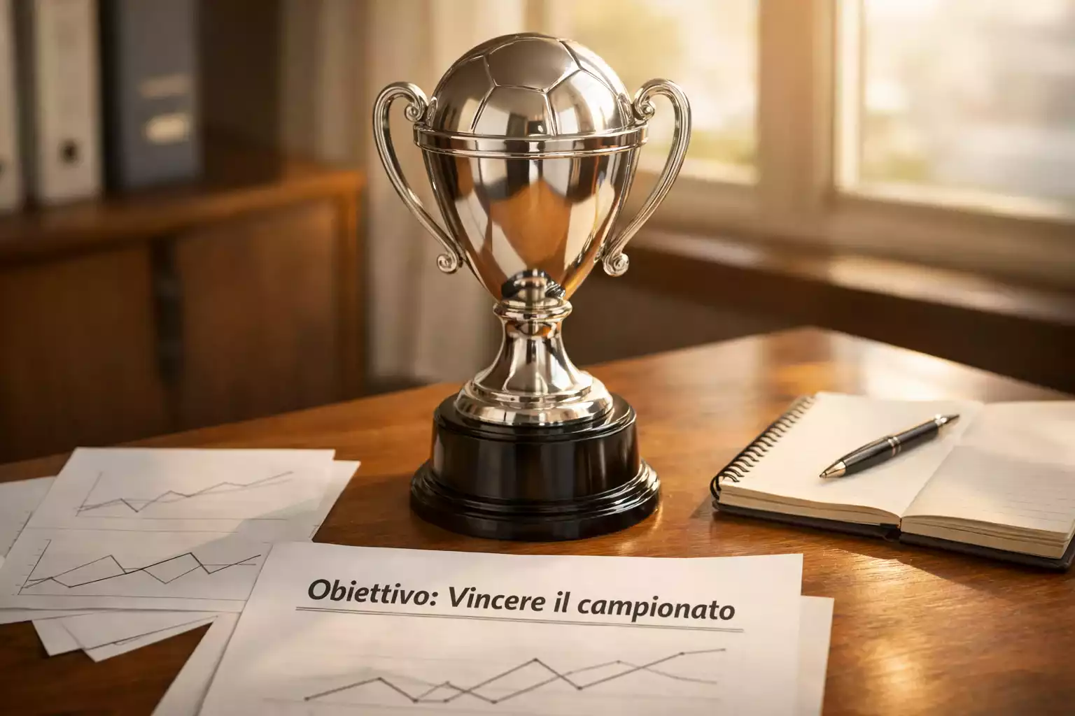 Trofeo della Serie A italiana su un tavolo con documenti di analisi