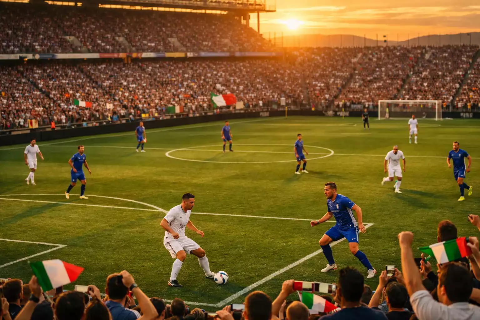 Stadio di calcio italiano con tribuna gremita durante una partita di Serie A