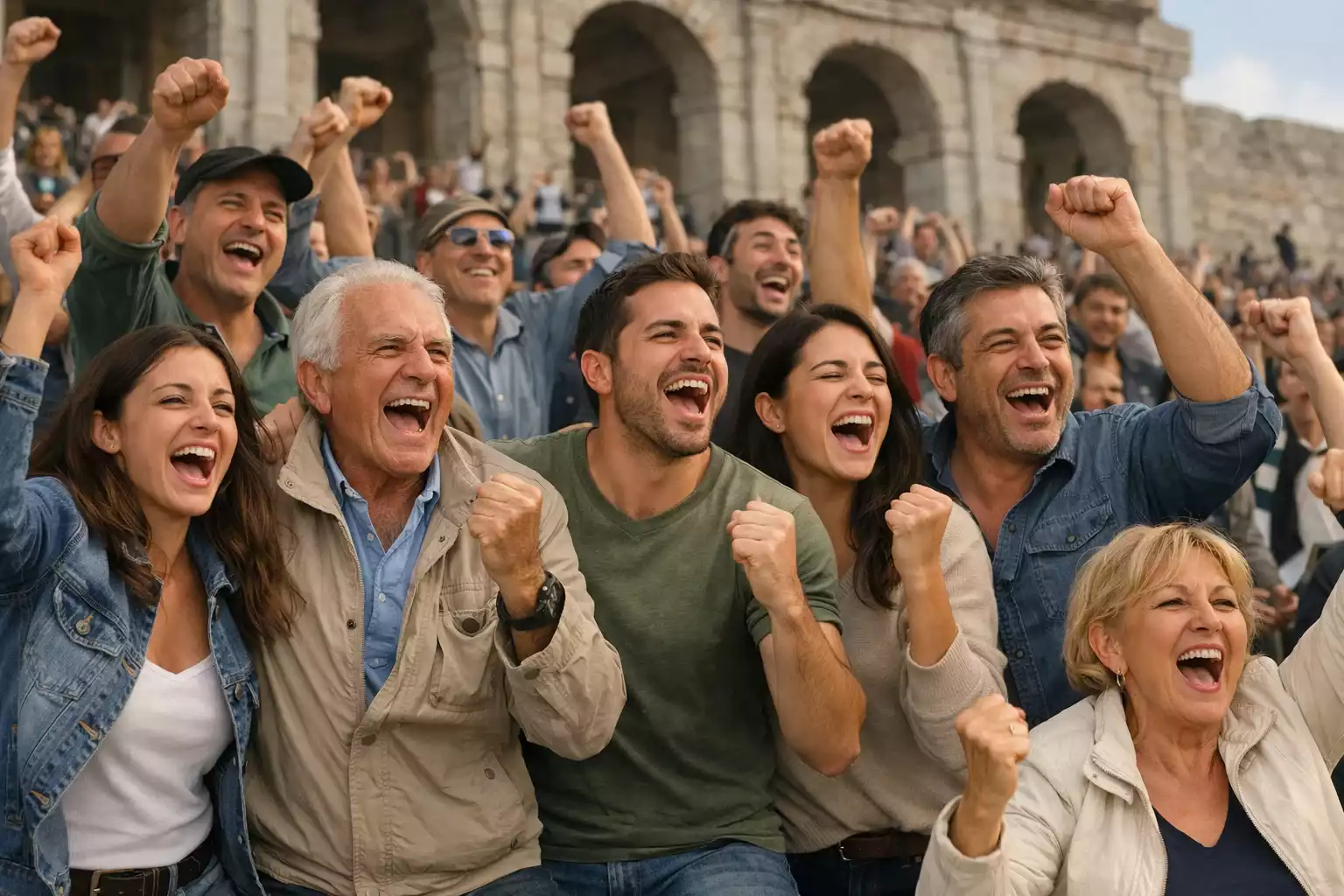 Tifosi italiani esultano sugli spalti di uno stadio storico