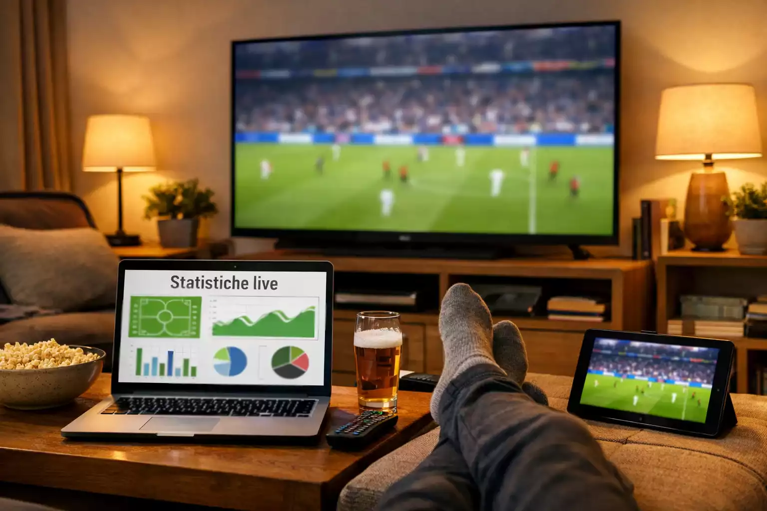 Setup con TV e laptop per seguire partita di calcio e statistiche live