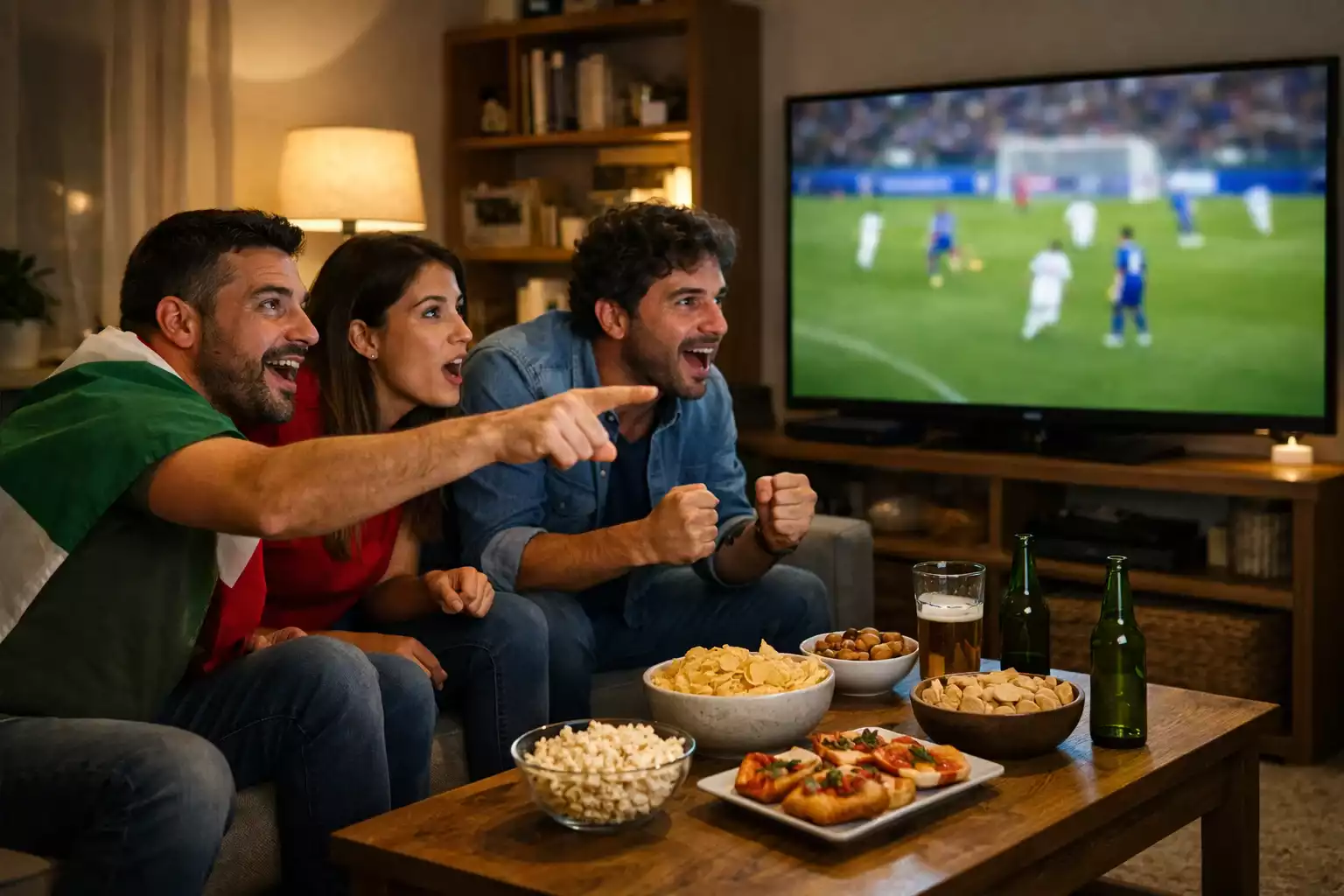 Gruppo di amici guarda una partita di calcio in diretta su grande schermo