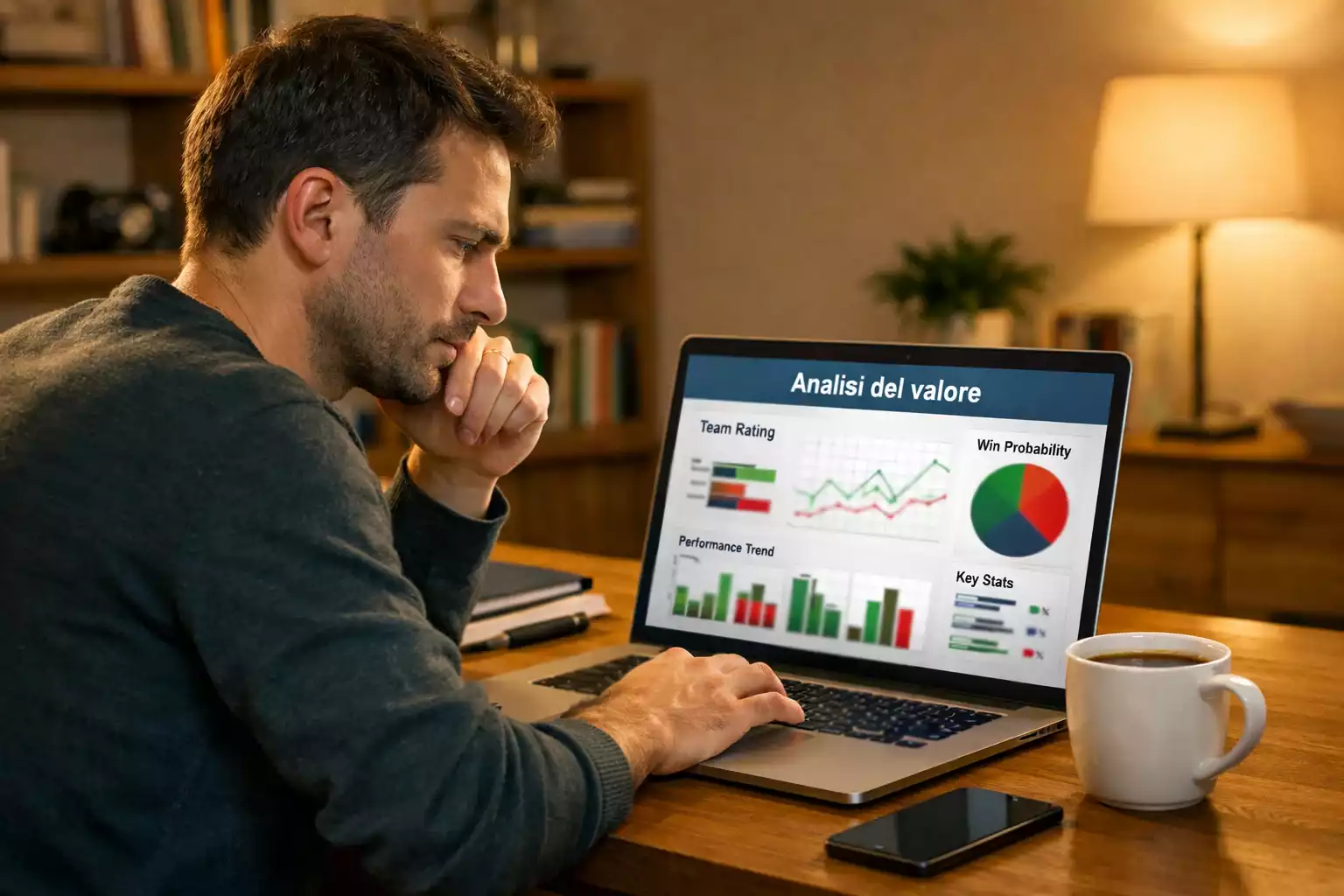 Persona che analizza dati sportivi su laptop con tazza di caffè